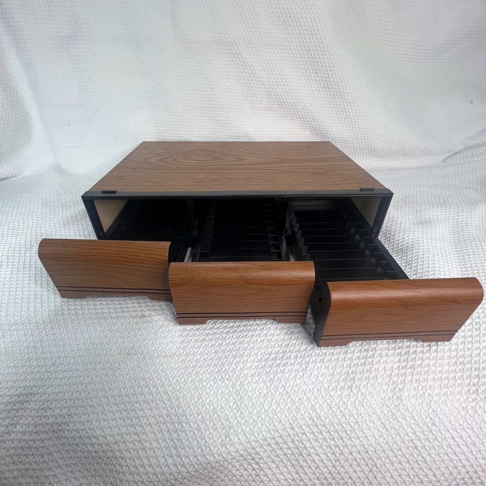 Vintage Faux Wood Grain 3 Drawer Cassette Tape Storage Case Organizer Retro MCM